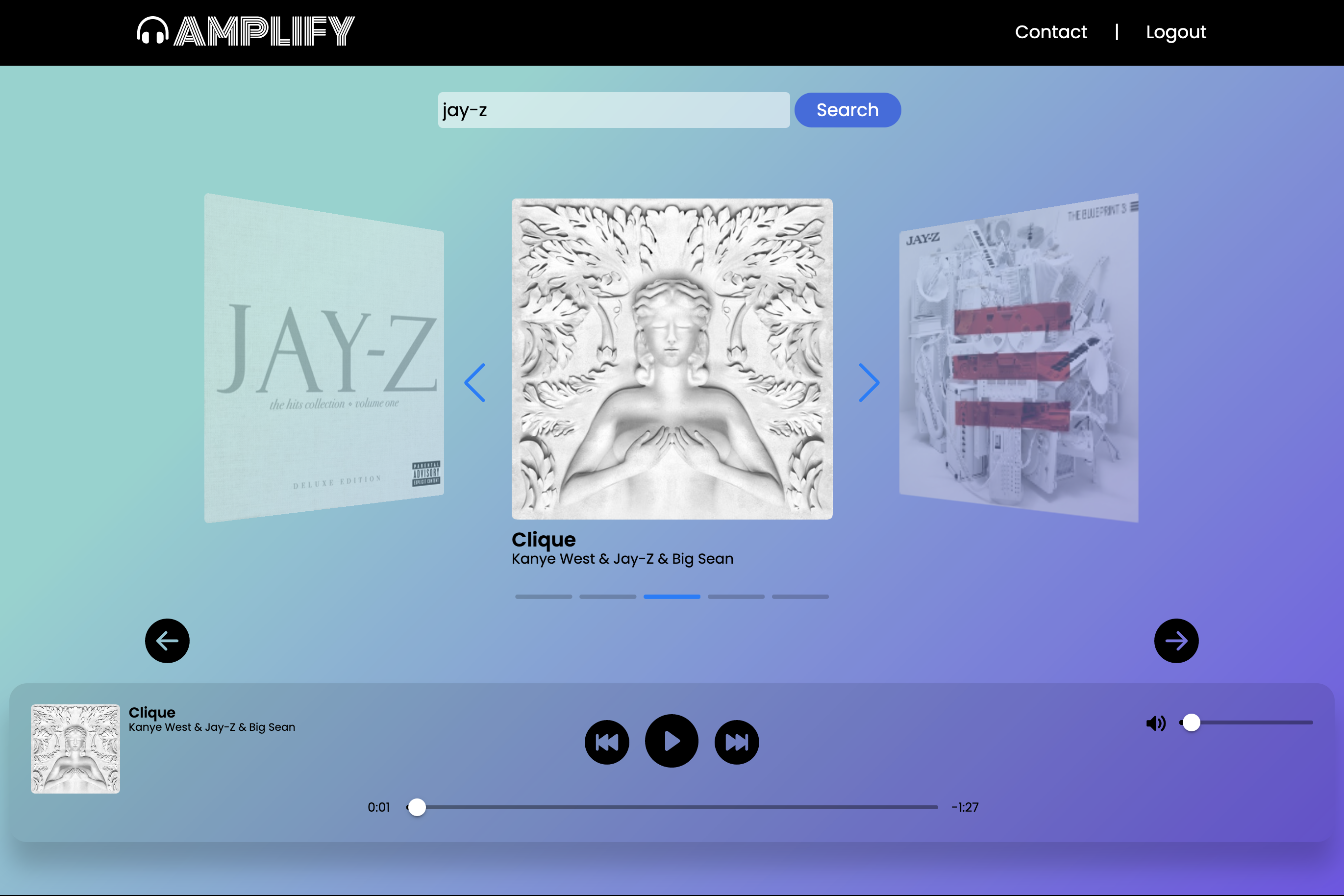 screenshot of our react music app amplify